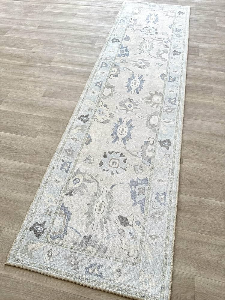Cream Blue Oushak Runner Rug, Modern Runners, Vintage, Turkish, Eclectic, Floral, Pastel, Washabl... | Amazon (US)