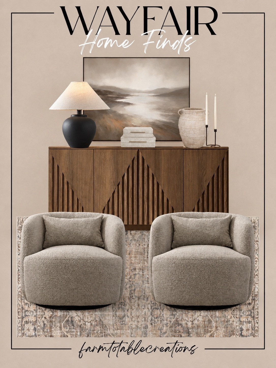 Wayfair Neutral Home Finds 🤎

Warm, neutral, and effortlessly elevated! These Wayfair finds create such a cozy designer-inspired space with the perfect mix of rich wood tones, soft textured seating, muted vintage-inspired patterns, and timeless black accents. I love how the statement cabinet and oversized artwork anchor the room while those cozy swivel chairs make it feel inviting and lived-in.

These pieces are perfect for creating that warm transitional look that feels high-end without being overly styled. Mix in a few neutral accessories and layered textures for an easy fall-to-year-round home refresh.

Follow @farmtotablecreations on Instagram for more cozy home finds and trending decor.

#LTKHome #Wayfair #WayfairFinds #WayfairHome #HomeDecor #NeutralHome #CozyHome #TransitionalStyle #DesignerInspired #LivingRoomDecor #NeutralDecor #HomeInspo #InteriorInspo #AffordableHomeDecor #LTKFinds

#LTKHome #LTKSaleAlert