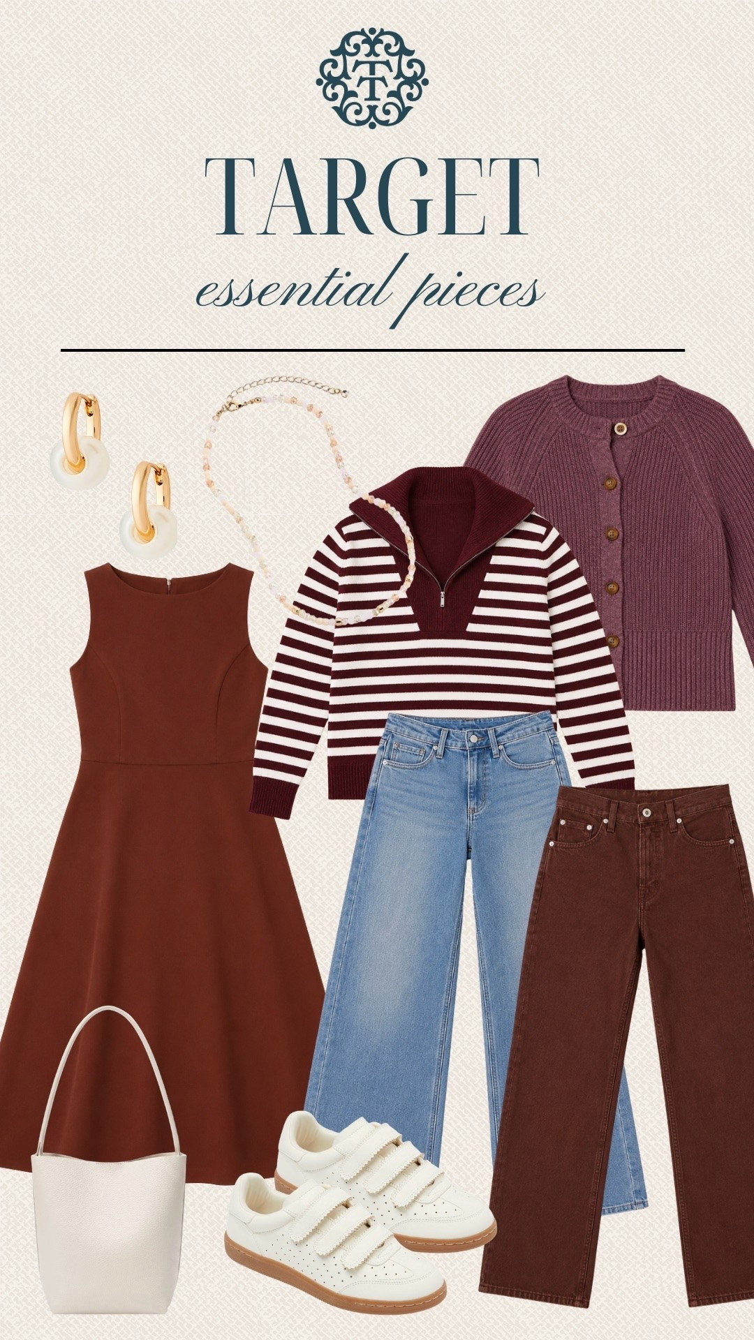 Target has so many cute pieces for fall, and we love the mix of burgundy, brown, cream, and denim here. The striped sweater, simple dress, colorful jeans, and white sneakers give us lots of ways to mix things up. These are easy pieces to add to your closet and wear again and again.

#LTKSeasonal #LTKOver40 #LTKMidsize