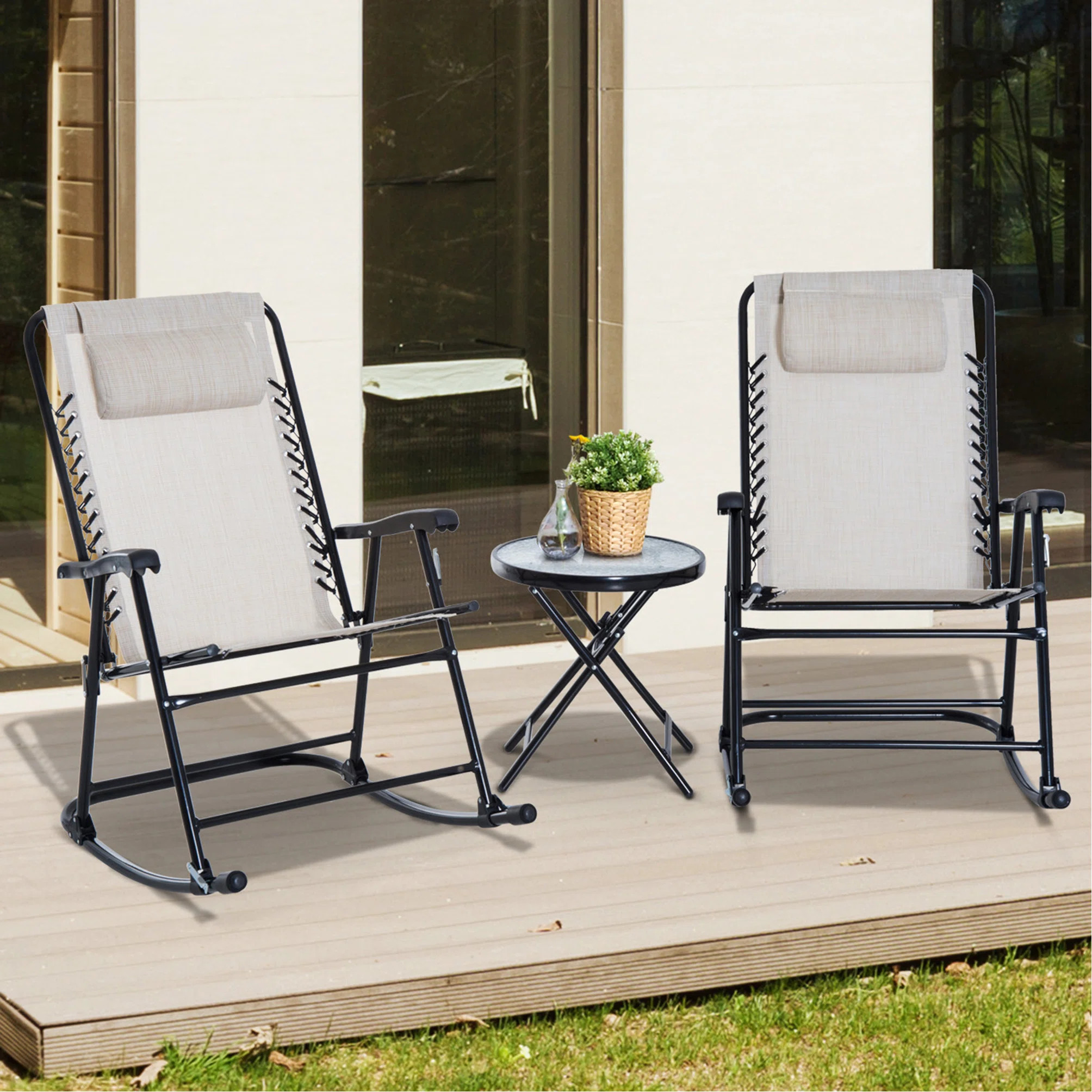 3 Piece Outdoor Rocking Chair Set, Patio Folding Lawn Rocker Set With Glass Coffee Table, Headres... | Wayfair North America