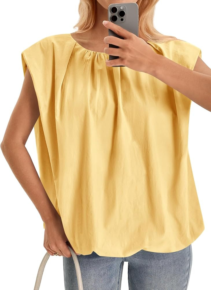 Cicy Bell Womens Summer Cap Sleeve Blouses Casual Pleated Open Back Crew Neck Bubble Tank Tops Bo... | Amazon (US)
