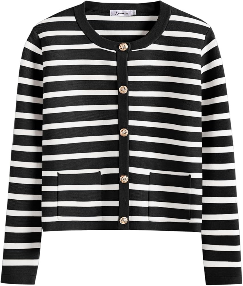 ANRABESS Cardigan Sweaters for Women 2023 Fall Long Sleeve Cropped Striped Knitted Jackets with P... | Amazon (US)