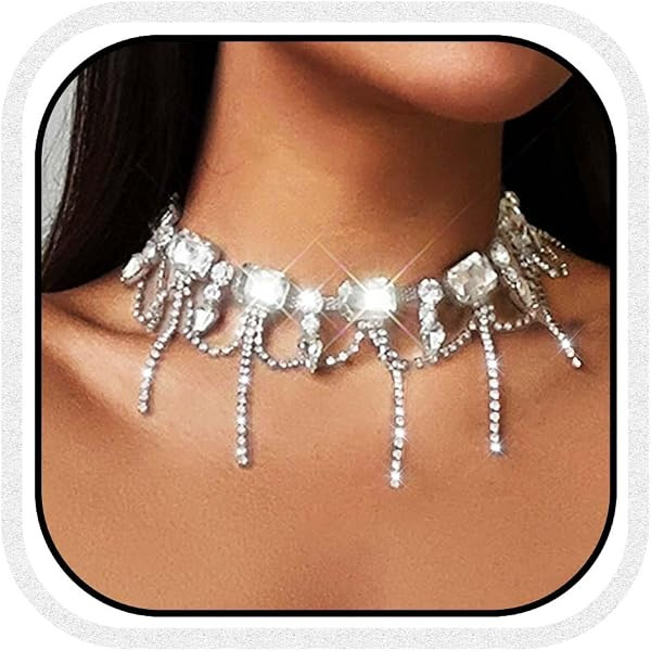 Brishow Silver Rhinestone Choker Necklace for Women Sparkly Crystal Tassel Collar Necklace Statem... | Amazon (US)