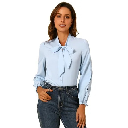 DARING DIVA Women s Elegant Bow Tie Neck Blouse Chiffon Shirt S Light Blue | Walmart (US)