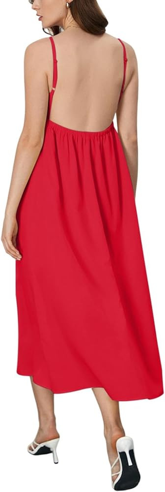SOLY HUX Women's Summer Dress Backless V Neck Spaghetti Strap Loose Flowy Midi Cami Dresses | Amazon (US)
