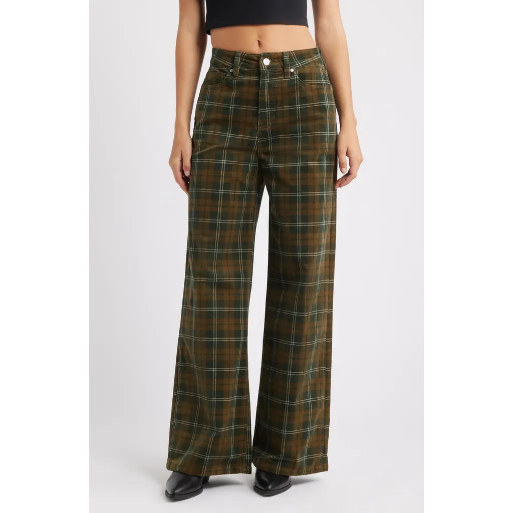 PTCL Plaid Stretch Corduroy Wide Leg Pants in Green at Nordstrom, Size 30 | Nordstrom