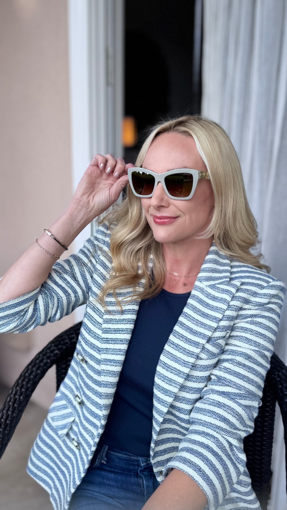 Polished with a pop 🕶️ A striped blazer instantly elevates denim. Perfect for meetings, lunch dates, or travel days when you want effortless sophistication. Plus, these Jimmy Choo sunglasses elevate this business casual look even more! 

striped blazer outfit, business casual chic, elevated denim look, fall outfit idea, polished casual outfit, blazer with jeans, capsule wardrobe, work-from-anywhere style

#LTKOver40 #LTKWorkwear