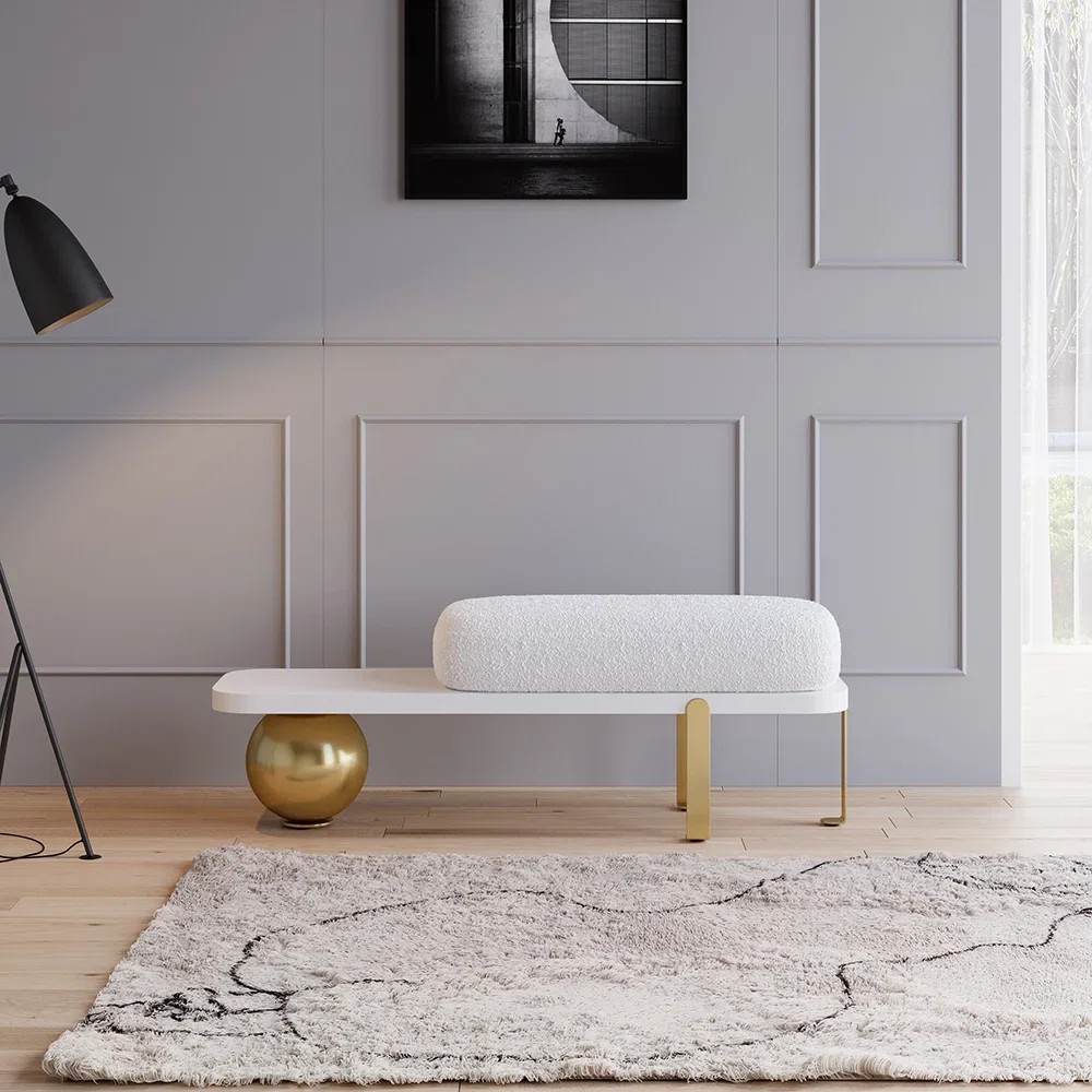 Entryway Bench,Modern Wooden Boucle Upholstered Bench with Abstract Metal Leg and Comfortable Lam... | Wayfair North America