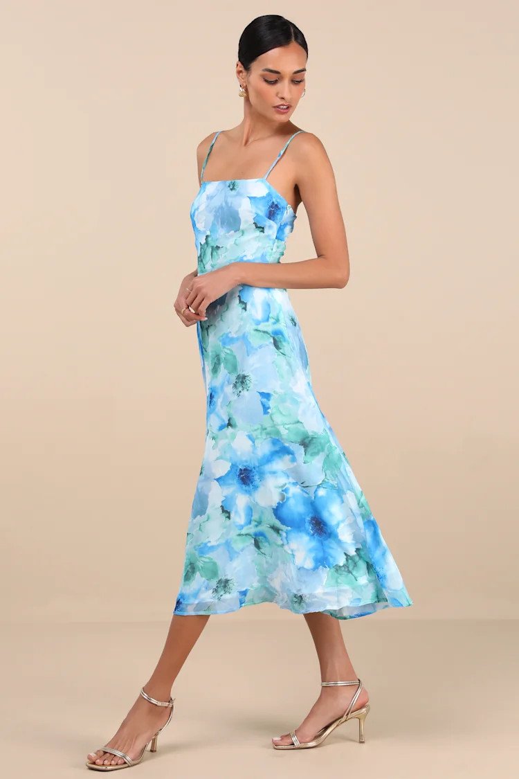 Radiant Feelings Blue and Green Floral Chiffon Midi Dress | Lulus