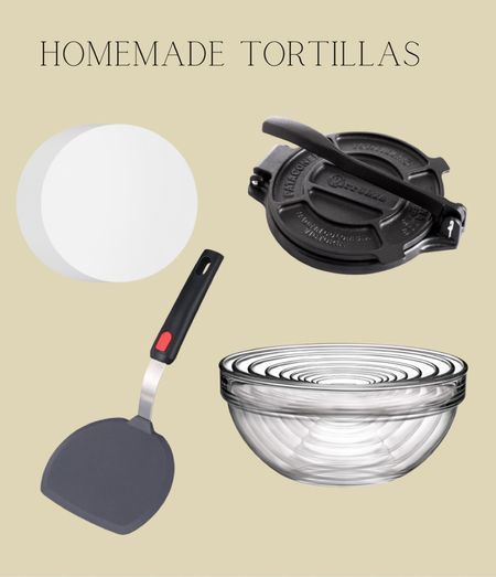 Everything you need to make homemade tortillas 

Tortilla press 
Tortilla spatula 
Tortilla divider sheets 
Glass bowls 

#LTKfamily #LTKhome
