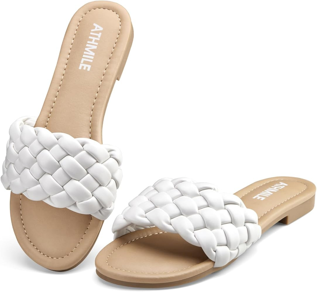 ATHMILE Braided Womens Sandals Round Open Toe Fashion Slide Sandals Women Dressy Summer Flat Beac... | Amazon (US)