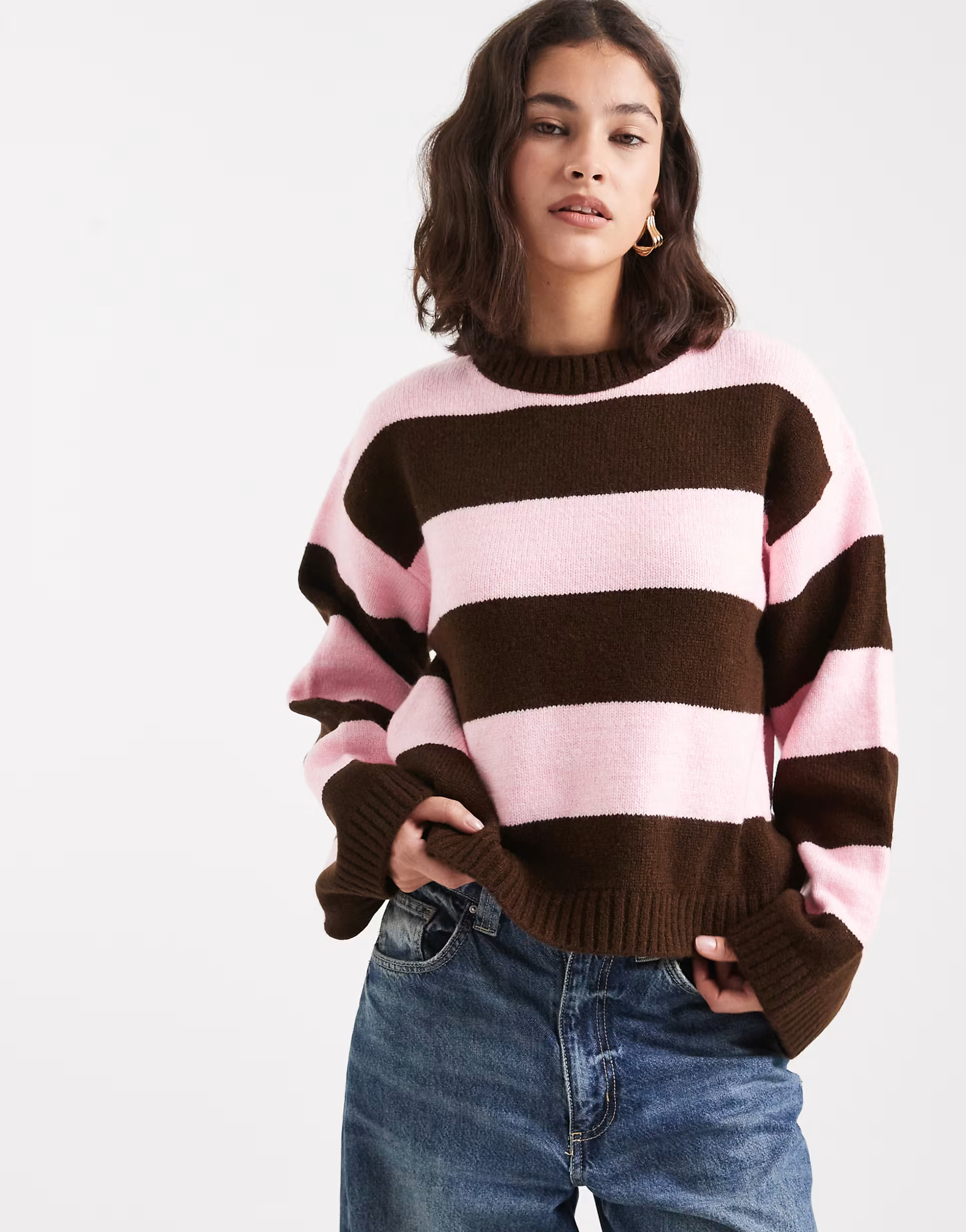 \u203a ASOS DESIGN boxy fit knitted jumper in wide stripe in brown and pink | ASOS (Global)
