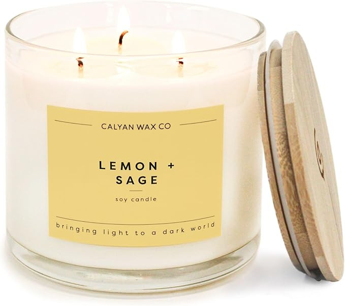 Calyan Wax Co. Lemon & Sage 3 Wick Scented Candle - 43 Hour Burn - Luxury 3 Wick Soy Candles - No... | Amazon (US)