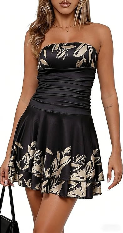 Women Tube Top Dress Off Shoulder Ruched Ruffle A Line Flowy Party Club Short Dresses | Amazon (US)