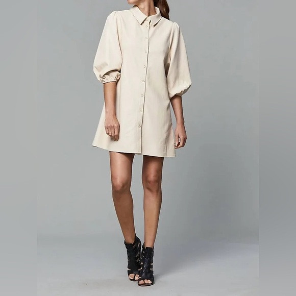 [dolce cabo] vegan leather puff sleeve button up collared mini dress cream M | Poshmark