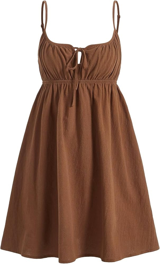 OYOANGLE Women's Ruched Tie Front Spaghetti Straps Cami Dress High Waisted Backless Flared A Line... | Amazon (US)