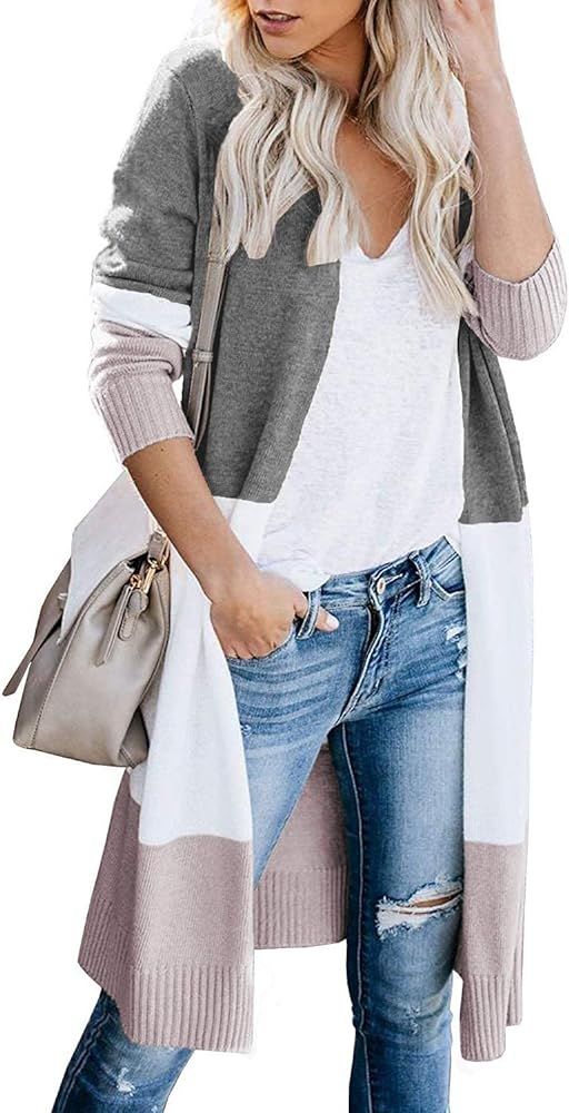 CARDYDONY Women's Long Cardigan Open Front Color Block Cardigan Knit Sweaters | Amazon (US)