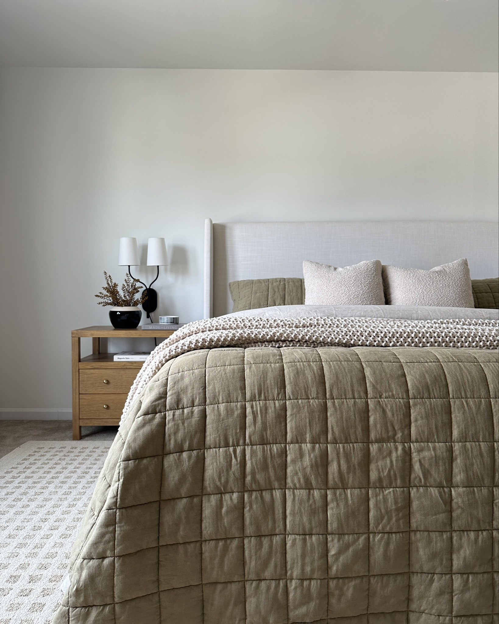 Modern organic neutral primary bedroom sources!
Nightstand, olive green quilt, linen upholstered bed

#LTKHome
