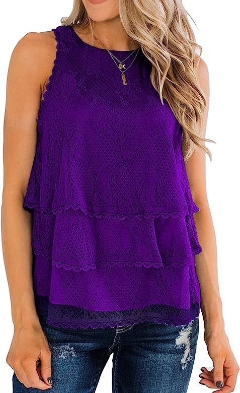 MIHOLL Womens Summer Casual Sleeveless Tops Lace Ruffle Loose Shirts Tank Tops | Amazon (US)