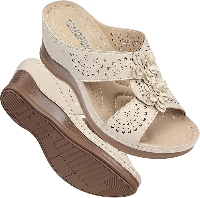 TEMOFON Womens Wedge Sandals Leather: Dressy Sandal, Rubber Sole, Comfortable Walking, Casual Sli... | Amazon (US)