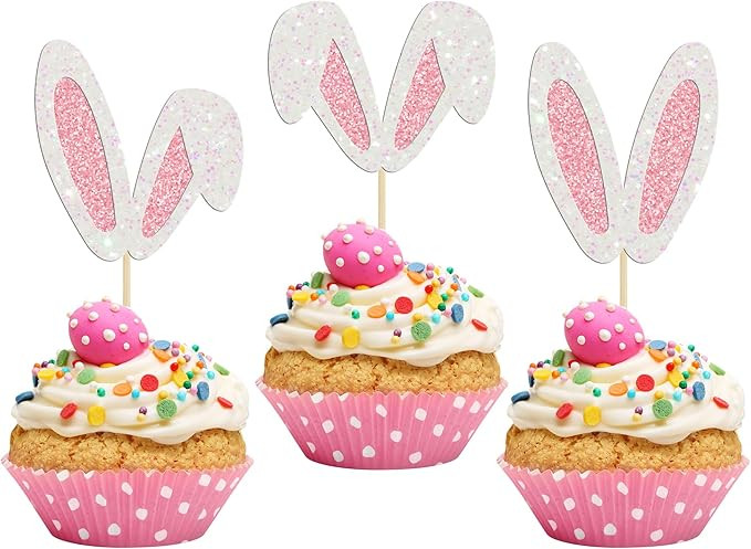 24Pcs Glitter Bunny Ears Cupcake Toppers Easter Rabbit Theme Happy Birthday Cupcake Picks for Bun... | Amazon (US)