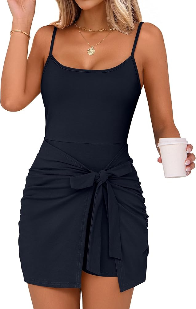 Caracilia Womens Summer Spaghetti Strap Dress Tie Waist Romper Skorts Bodycon Beach Vacation Mini... | Amazon (US)