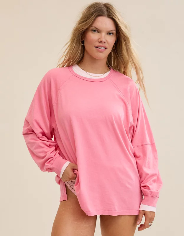 Aerie Cozy Long Sleeve Oversized Boyfriend T-Shirt | American Eagle Outfitters (US & CA)