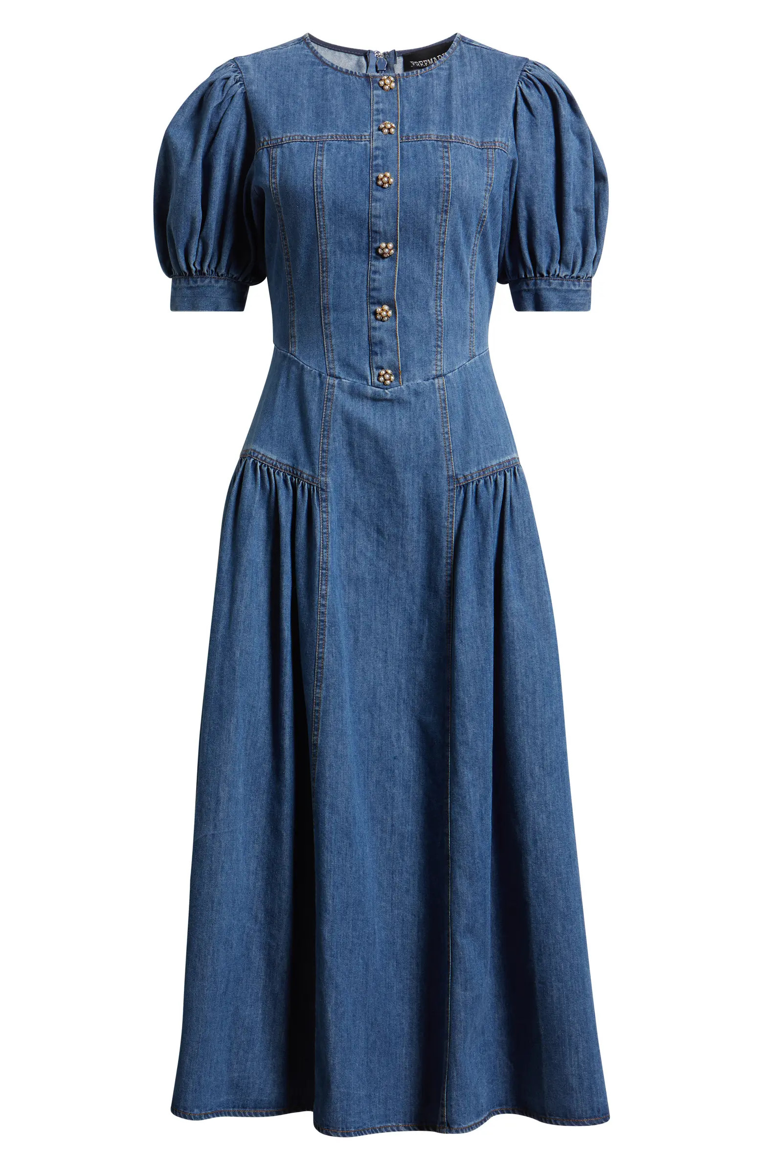 Cotton Blend Puff Sleeve Denim Midi Dress | Nordstrom