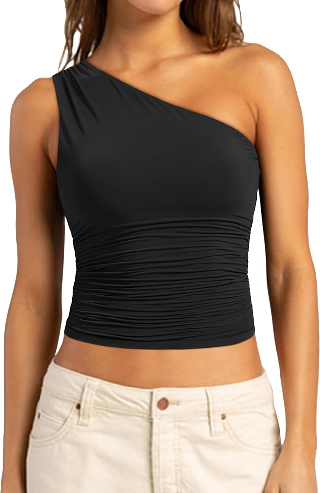 SUUKSESS Women Double Lined Going Out Trendy Crop Tops Ruched Sleeveless Shirts | Amazon (US)
