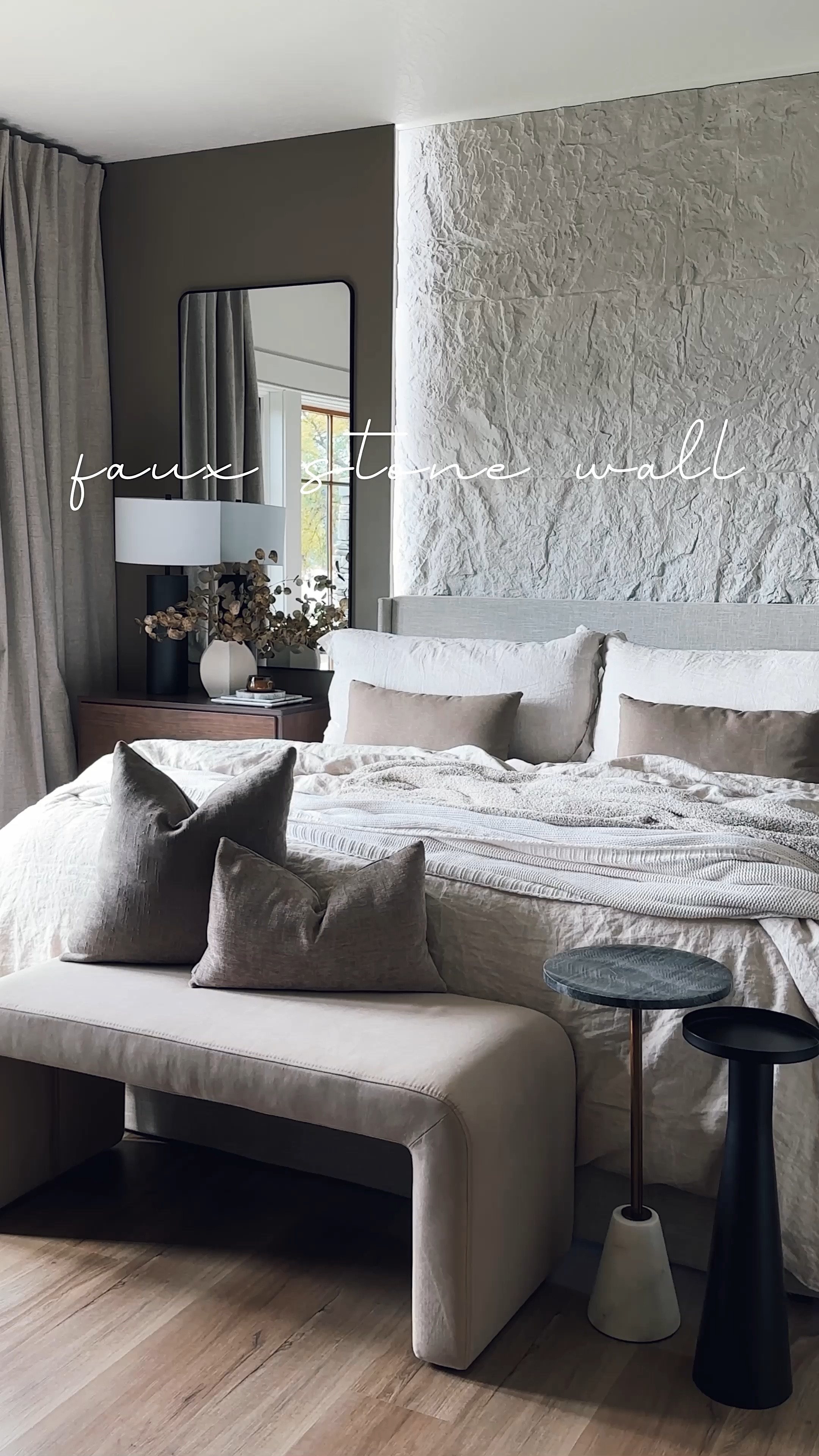 Get ready to transform your space with these faux stone panels, a follower favorite for a reason! They took my bedroom from boring to serene, and I’m so excited to show you how easy it is to get this look.

Step-by-Step-

-1- Attach the first panel to the wall using a brad nailer.
-2- Measure the remaining distance. Use a straight edge to cut the second panel with a utility knife (cut both front and back).
-3- Continue cutting and attaching all panels, staggering the seams for a natural look.
-4- For the edges, use a utility knife to carve off any high spots for a rough, uneven texture.
-5- Caulk the seams, then smooth to blend the panels seamlessly.
-6- Dab paint on the seams and high areas with an old sock or rag to add depth and conceal caulk lines.

#LTKFindsUnder100 #LTKStyleTip #LTKHome