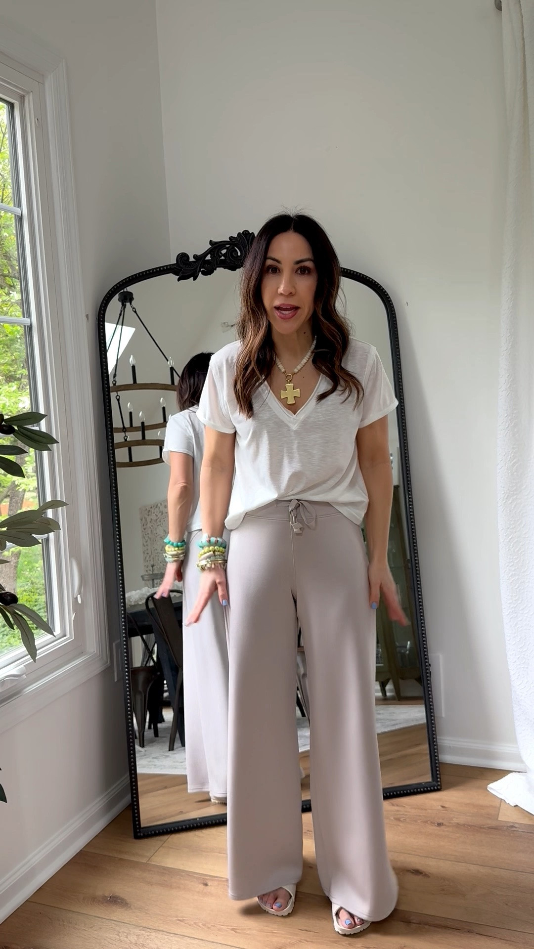 Spanx code TAMMYXSPANX.. jewelry code: HOUSEOFLEO20. Wide leg pants small petite. White V-neck T-shirt small. Sandals TTS.

#LTKPetite #LTKOver40 #LTKSaleAlert