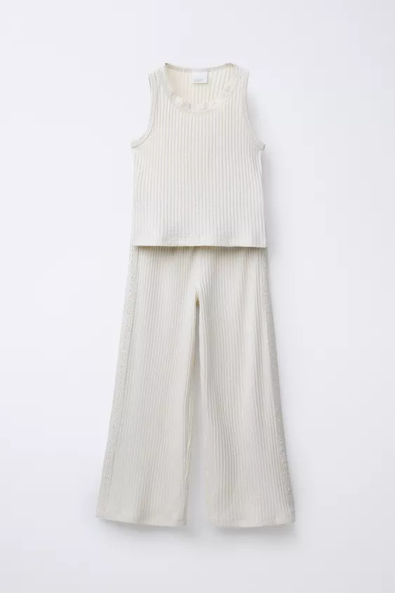 LACE TRIM RIBBED WIDE LEG T-SHIRT AND PANTS SET | Zara US