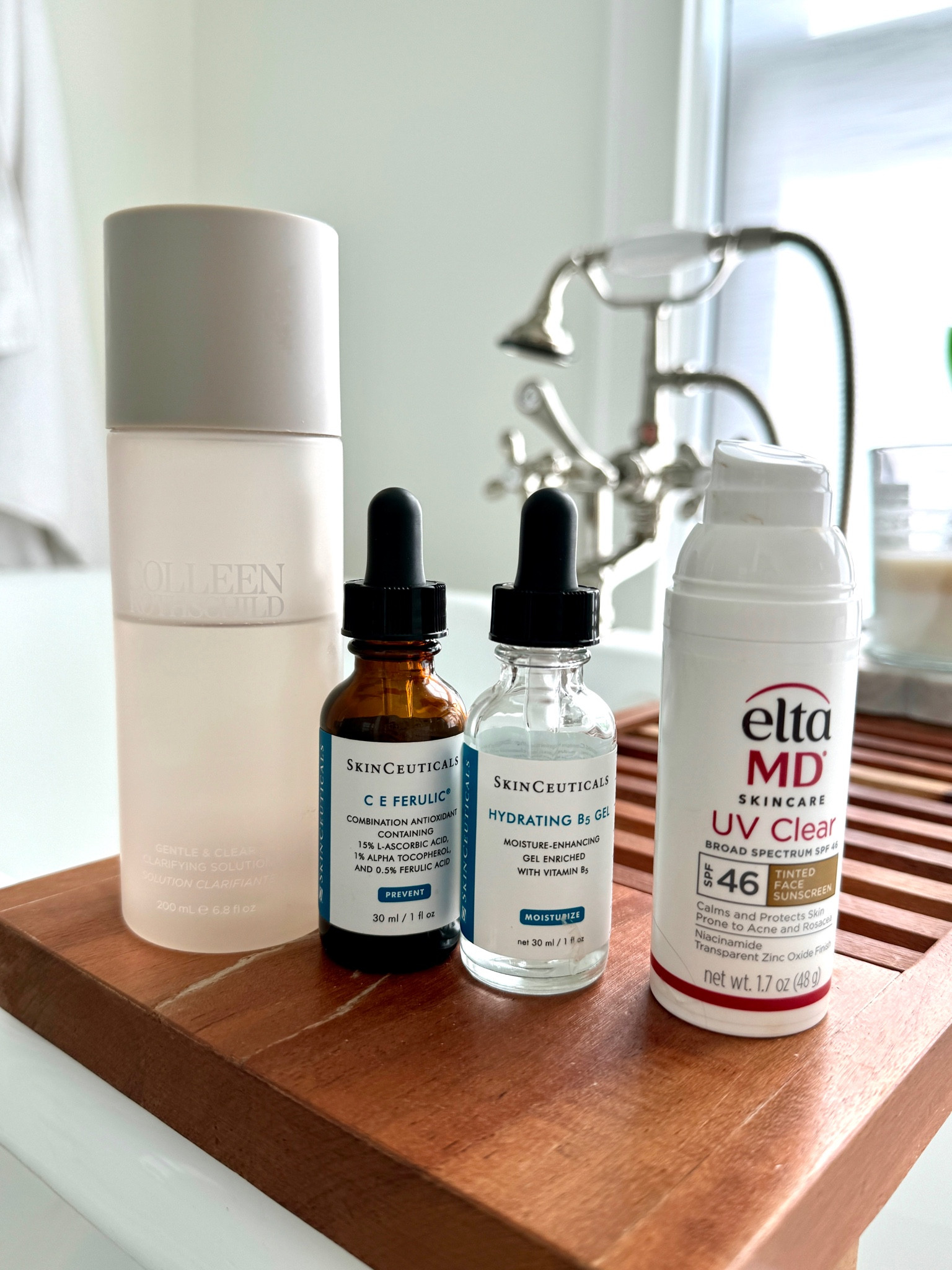 Sharing my  morning skincare routine! After cleansing, I use this Colleen Rothchild clarifying toner, then CE Fick, and hydrating B5 gel from SkinCeuticals. I always finish by wearing this Alta MD tinted sunscreen. It’s SPF 45 but it goes on like a moisturizing lotion.