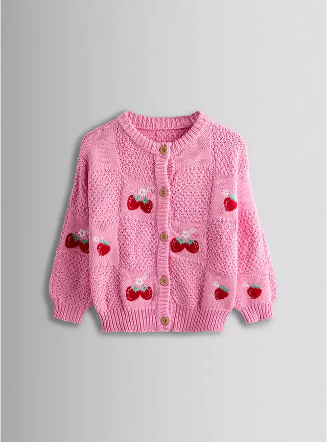 JOJO MAMAN BÉBÉ Strawberry Embroidered Textured Cardigan 6-12 months | Tu Clothing
