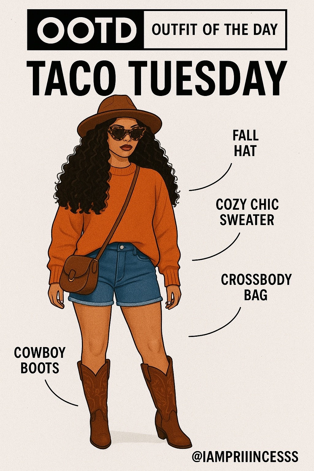 OOTD: Taco Tuesday 🌮✨

When cozy meets chic and fall meets fiery vibes!! Because tacos deserve an outfit too, and this look is PERFECT; denim shorts, cowboy boots, an orange sweater, and a bold hat to top it all off!! 

Would you wear this look for Taco Tuesday or brunch with the girls? 

Scroll to Shop the full look 

#OOTD #FallFashion #TacoTuesdayOutfit #LTKStyle #LTKFall #LTKOutfit #FallOOTD #CowboyBoots #CozyChic #iampriiincesss #LTKfashion #fallstyleinspo #chicstyle #denimshorts #fashionblogger

#LTKSeasonal #LTKShoeCrush #LTKStyleTip