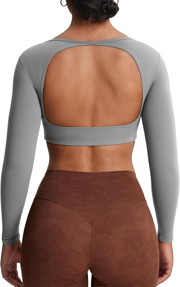 Aoxjox Workout Long Sleeve Crop Tops for Women Clarissa Backless Gym Cropped T Shirt Top | Amazon (US)