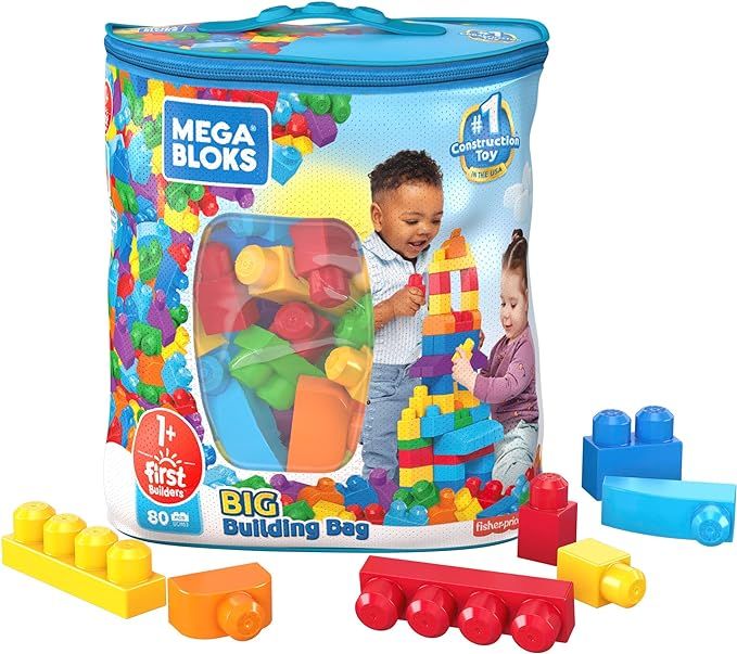 MEGA BLOKS Fisher-Price Toddler Block Toys, Big Building Bag with 80 Pieces and Storage Bag, Blue... | Amazon (US)