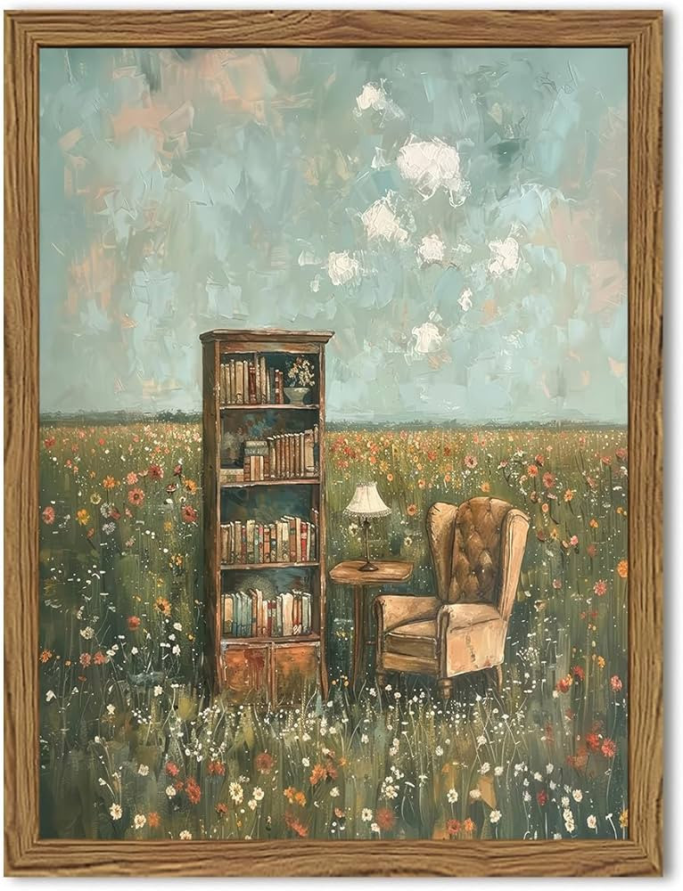 Vintage Whimsical Book Lover Wall Art, Impressionist Flower Field Painting Decor, Rustic Book Noo... | Amazon (US)