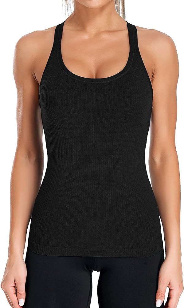 ATTRACO Ribbed Workout Tank Tops for Women with Built in Bra Tight Racerback Scoop Neck Athletic Top | Amazon (US)