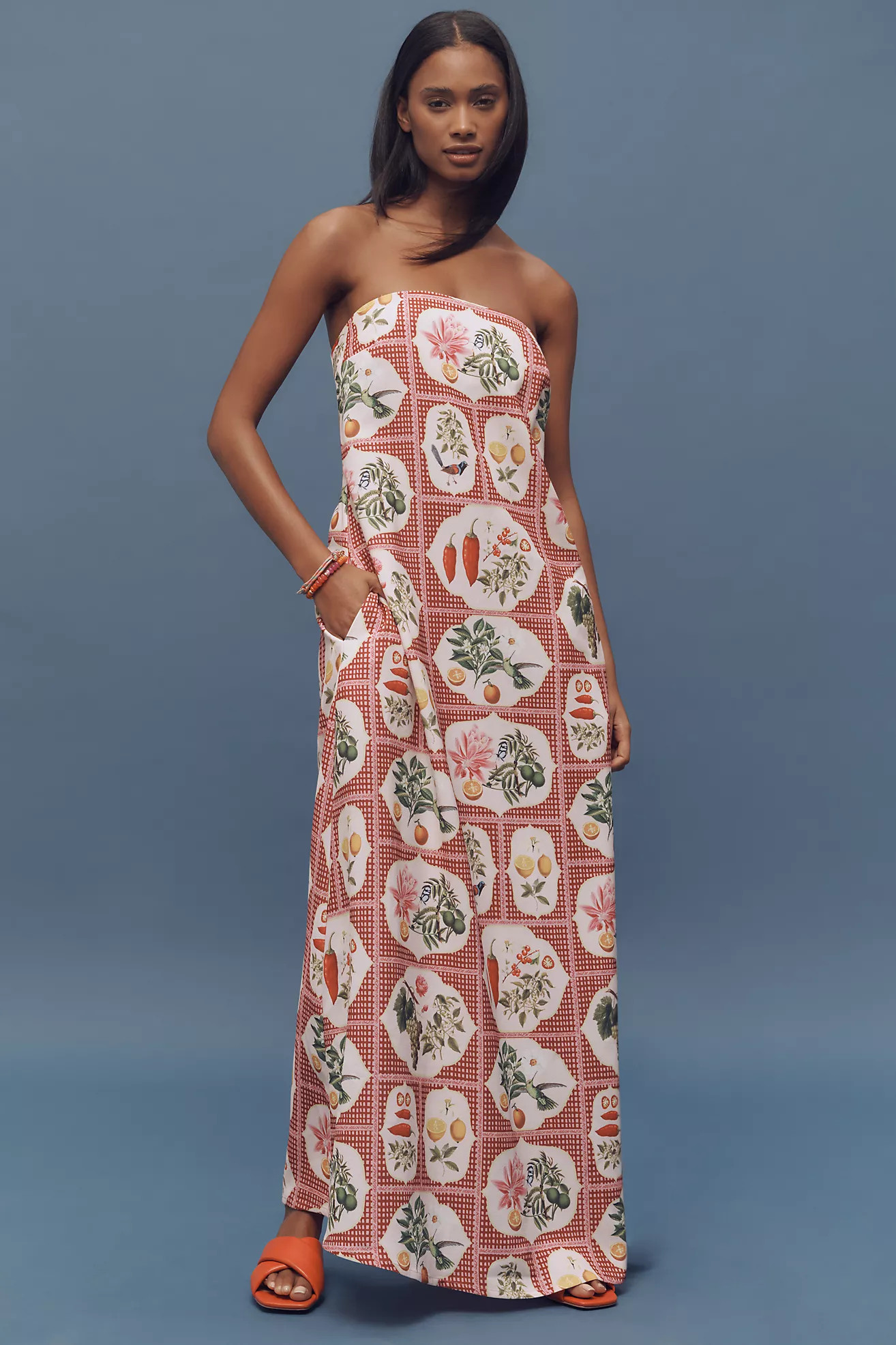 Palm. Noosa Alessia Pink Citrus Tile Crepe Strapless Midi Dress | Anthropologie (US)