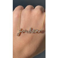 Diamond Script Name Plate Customizable Necklace Initials Pendant Alphabet Solid Gold 14K White Gold, Yellow Rose | Etsy (US)