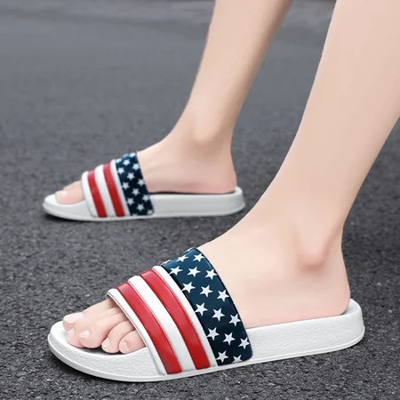 Women's 4th of July Patriotic Sandals, American Flag Star Stripe Print Toe Loop Flat Slides, Summer Beach Shoes for Independence Day White Size 40 | Walmart (US)