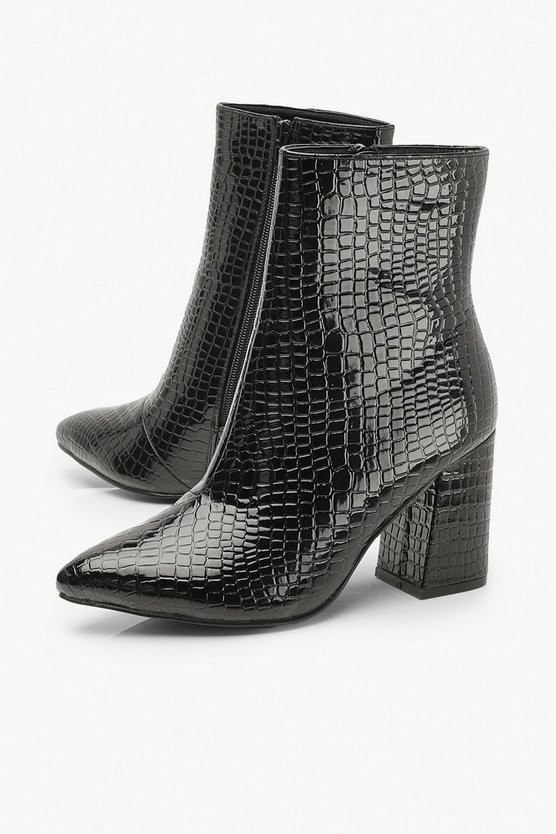 Wide Width Croc Block Heel Sock Boots | Boohoo.com (US & CA)