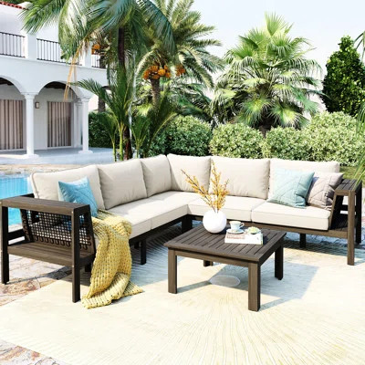 4 Pieces L - Shaped Outdoor Wood , Patio Conversation With Woven Mesh , Coffee Table, Beige Cushions, Strong Structure Seating Of Wood, All Around | Wayfair North America