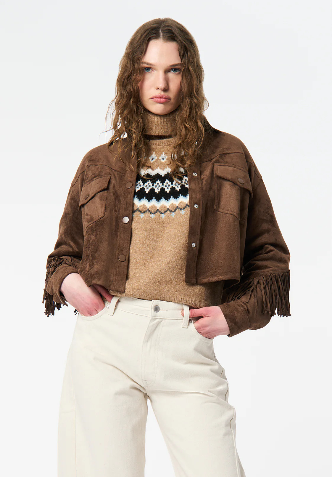 Bibi Women's Western Fringe Cropped Jacket in Faux Suede, Caramel - JK0057 | Buffalo David Bitton