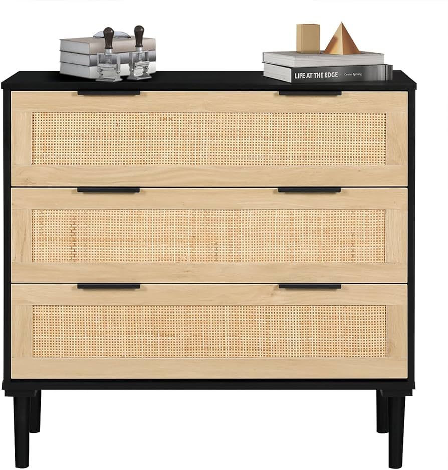 HOPUBUY 3 Drawer Dresser for Bedroom, Rattan Dresser Modern Closet Dressers Chest of Drawers, Woo... | Amazon (US)