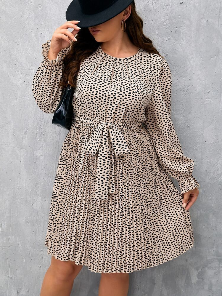 Plus Allover Print Flounce Sleeve Belted Dress | SHEIN
