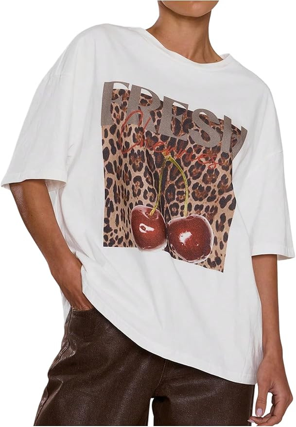 Verdusa Women's Letter Graphic T Shirts Crew Neck Half Sleeve Drop Shoulder Oversized Tee Tops | Amazon (US)