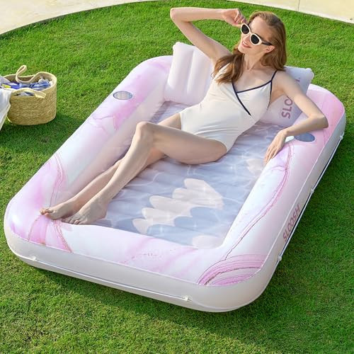 SLOOSH Inflatable Tanning Pool Lounger Float, 70" x 46" Pool Floats Adult with Pillow, 4 in 1 Suntan Tub Raft Floatie,Sunbathing Bed Lounge for Water Blow Up Ball Pit Party Gifts, Pink Marble | Amazon (US)