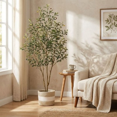 6FT Artificial Olive Tree Tall Faux Olive Trees Indoor with Planter&Cotton Basket, Artificial Plants with Natural Wood Trunk and Lifelike Fruits | Target